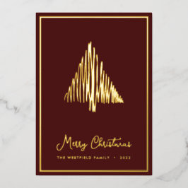 Abstracte Scandi-kerstboom Burgundy Gold Folie Feestdagenkaart