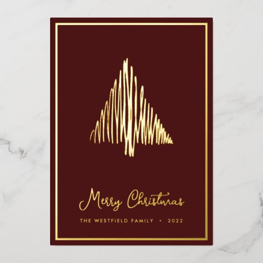 Abstracte Scandi-kerstboom Burgundy Gold Folie Feestdagenkaart (Voorkant)
