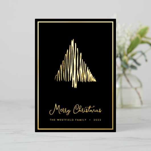 Abstracte Scandi-kerstboom - zwart goud Folie Feestdagenkaart (Staand Voorkant)