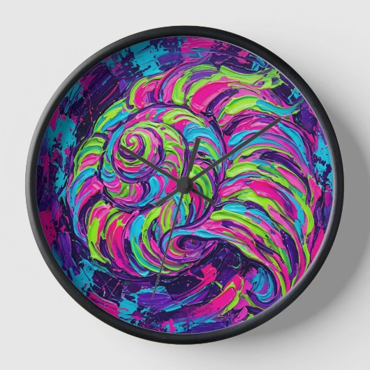 Abstracte schelp spiraal neon levendig kunst klokk (Voorkant)