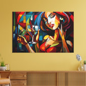Abstracte schilderende vrouw die wijnglas houdt canvas afdruk (Insitu (Woonkamer))