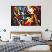 Abstracte schilderende vrouw die wijnglas houdt canvas afdruk (Insitu (Slaapkamer))