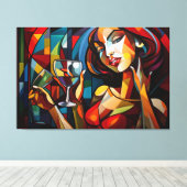 Abstracte schilderende vrouw die wijnglas houdt canvas afdruk (Insitu (Houten vloer))