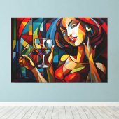 Abstracte schilderende vrouw die wijnglas houdt canvas afdruk (Insitu (Houten vloer))