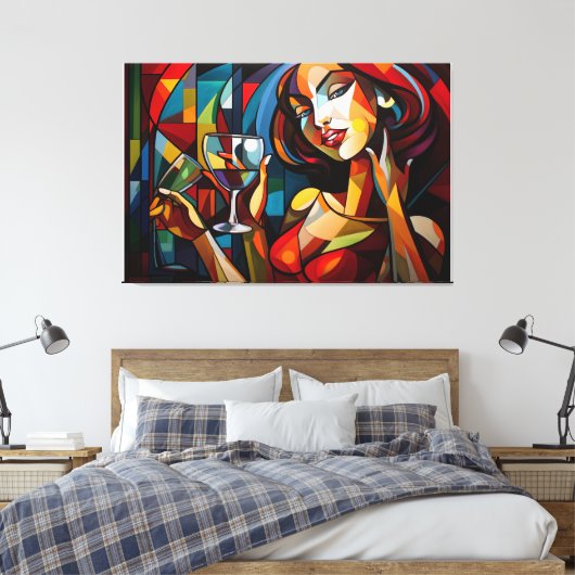Abstracte schilderende vrouw die wijnglas houdt canvas afdruk (Insitu (Slaapkamer))