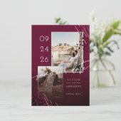 Abstracte Shapes Burgundy Marble Back & 2 Photos Save The Date (Staand voorkant)