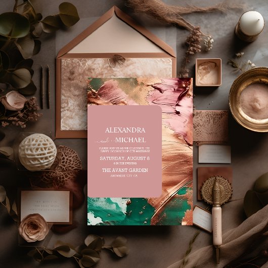 Abstracte smaragdgroene roze gouden trouwring kaart