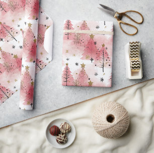Abstracte Sneeuwvlok & Roze Boom Kerststijl Cadeaupapier