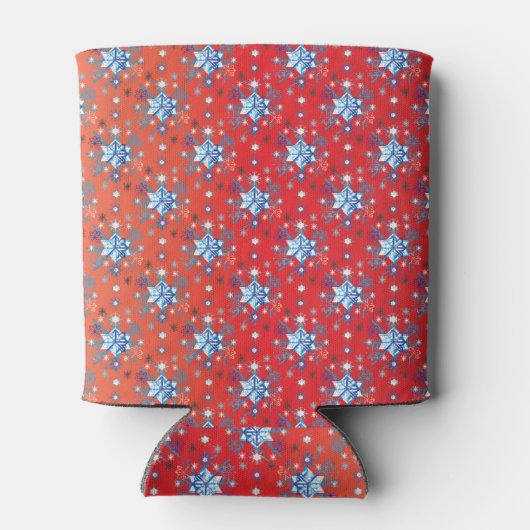 Abstracte sneeuwvlokken met rode en blauwe kerst blikjeskoeler (Achterkant)