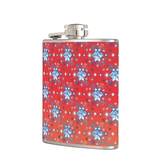 Abstracte sneeuwvlokken met rode en blauwe kerst heupfles (Links)