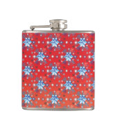 Abstracte sneeuwvlokken met rode en blauwe kerst heupfles (Voorkant)