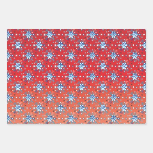 Abstracte sneeuwvlokken met rode en blauwe kerst inpakpapier vel (Voorkant)