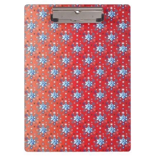 Abstracte sneeuwvlokken met rode en blauwe kerst klembord (Voorkant)