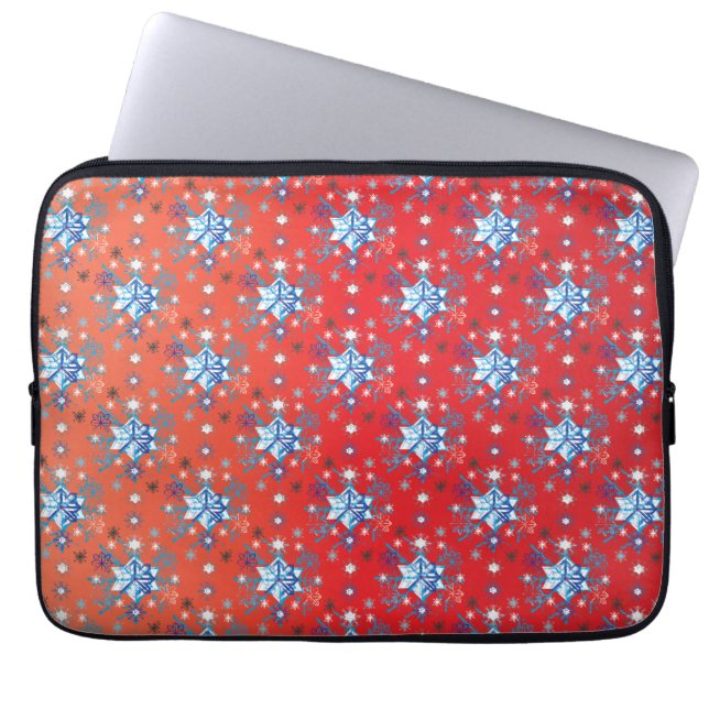 Abstracte sneeuwvlokken met rode en blauwe kerst laptop sleeve (Voorkant)