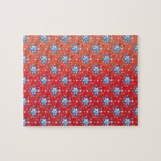 Abstracte sneeuwvlokken met rode en blauwe kerst legpuzzel (Horizontaal)