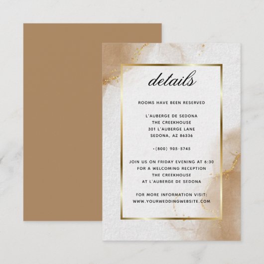 Abstracte Soft Brown Gold-marmering - Gegevens RSVP Kaartje (Voorkant / Achterkant)