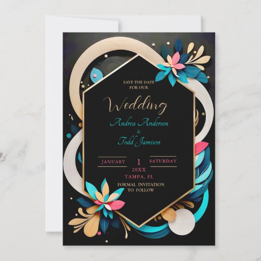 Abstracte speelse moderne elegante bruiloft save the date (Voorkant)