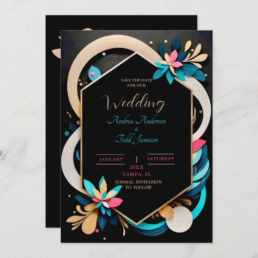 Abstracte speelse moderne elegante bruiloft save the date (Voorkant / Achterkant)