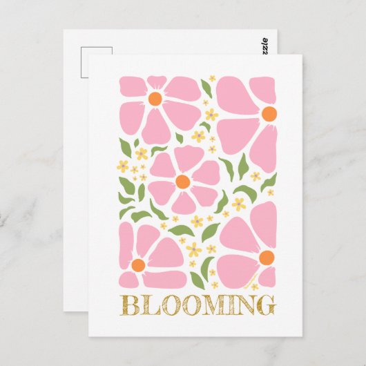 Abstracte speelse roze bloemen briefkaart (Voorkant / Achterkant)