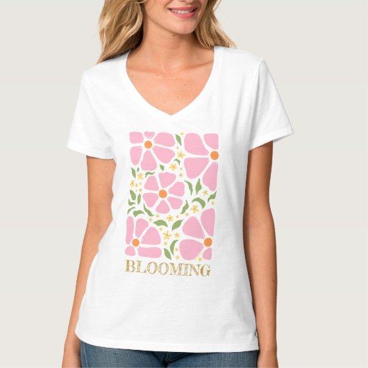 Abstracte speelse roze bloemen t-shirt (Voorkant)