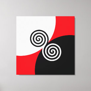 Abstracte spiraal cirkels op zwart rood en wit canvas afdruk