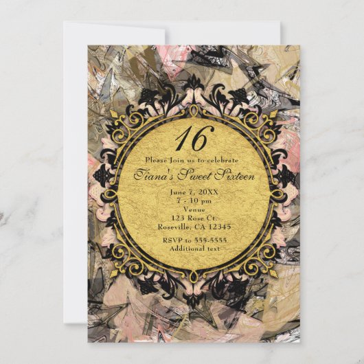 Abstracte spiraal roze zwart & gouden feest uitnod kaart (Voorkant)