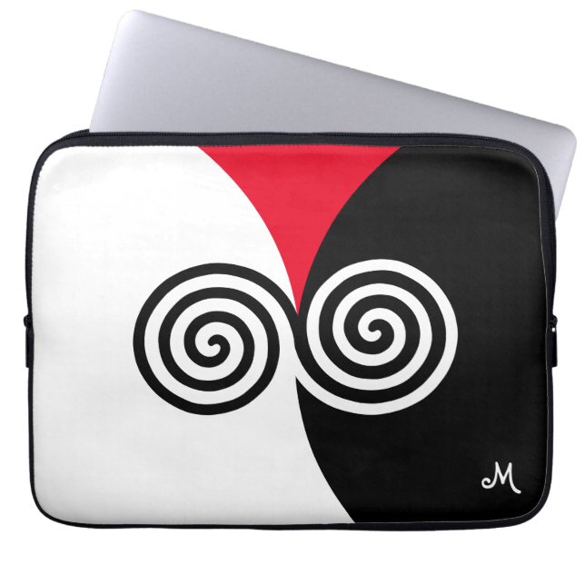 Abstracte spiraalcirkels op zwart-wit laptop sleeve (Voorkant)