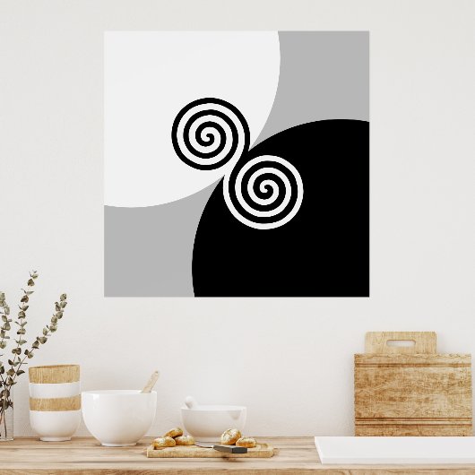 Abstracte spiraalcirkels op zwart-wit poster (Keuken)