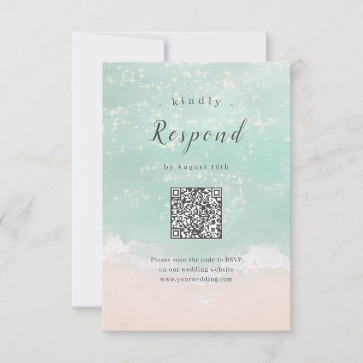 Abstracte sprankelende oceaan strand bruiloft QR c RSVP Kaartje (Voorkant)