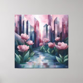 Abstracte stadstuin met geometrische torens en roz canvas afdruk (Voorkant)
