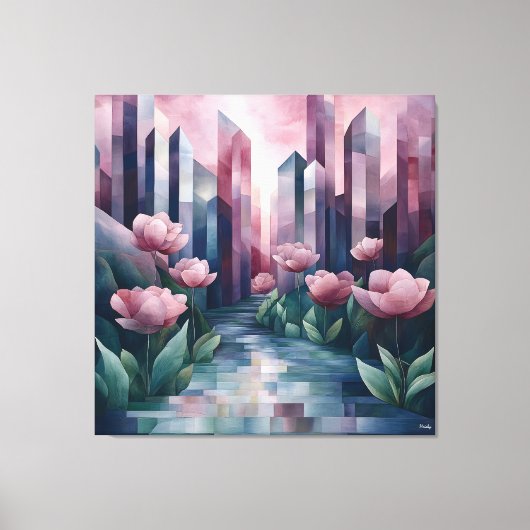 Abstracte stadstuin met geometrische torens en roz canvas afdruk (Voorkant)