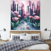Abstracte stadstuin met geometrische torens en roz canvas afdruk (Insitu (Slaapkamer))