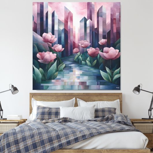 Abstracte stadstuin met geometrische torens en roz canvas afdruk (Insitu (Slaapkamer))