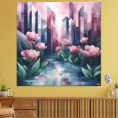 Abstracte stadstuin met geometrische torens en roz canvas afdruk (Insitu (Woonkamer))