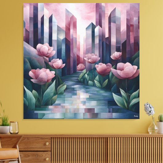 Abstracte stadstuin met geometrische torens en roz canvas afdruk (Insitu (Woonkamer))