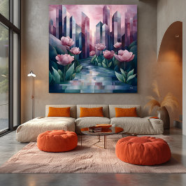 Abstracte Stadstuin met Geometrische Torens & Roze Canvas Afdruk