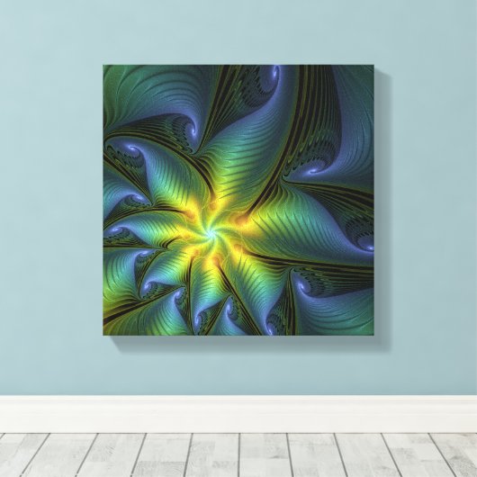 Abstracte Star, glimmende Blauwe Groene Golden Fra Canvas Afdruk (Insitu (Houten vloer))