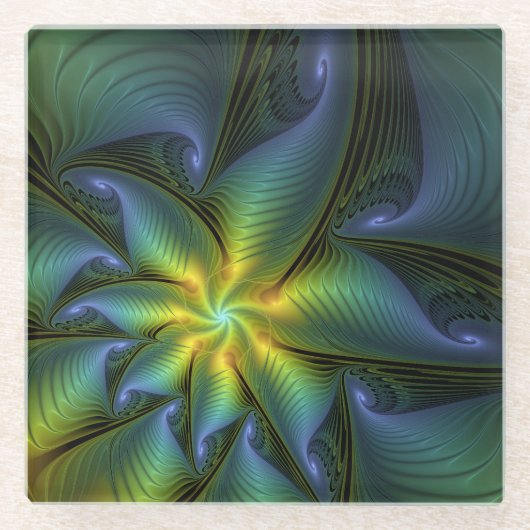 Abstracte Star, glimmende Blauwe Groene Golden Fra Glazen Onderzetter (Voorkant)