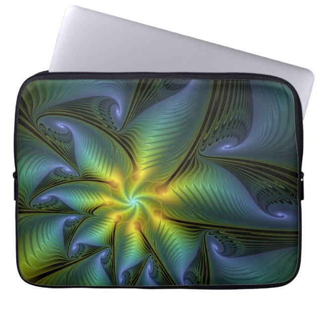 Abstracte Star, glimmende Blauwe Groene Golden Fra Laptop Sleeve (Voorkant)