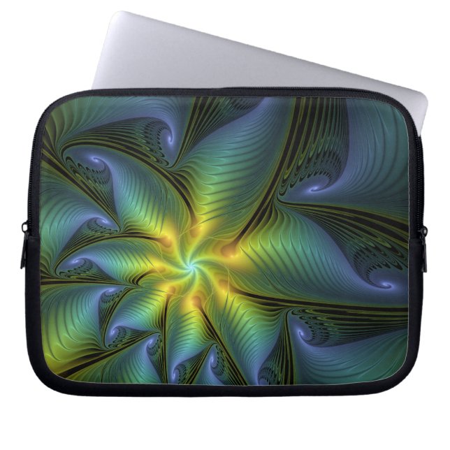 Abstracte Star, glimmende Blauwe Groene Golden Fra Laptop Sleeve (Voorkant)