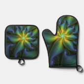 Abstracte Star, glimmende Blauwe Groene Golden Fra Ovenwant & Pannenlap Set (Voorkant)