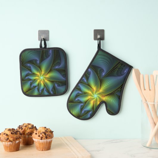 Abstracte Star, glimmende Blauwe Groene Golden Fra Ovenwant & Pannenlap Set (Insitu(Ophanging))