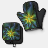 Abstracte Star, glimmende Blauwe Groene Golden Fra Ovenwant & Pannenlap Set (Voorkant / Achterkant)