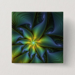 Abstracte ster, glanzende blauwe groene gouden fra vierkante button 5,1 cm