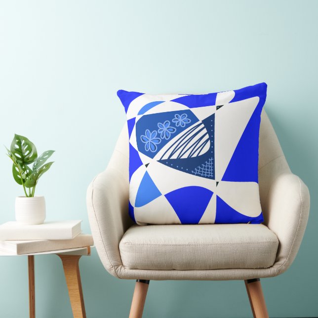 Abstracte sterren en strepen: blauw wit kussen (Stoel)