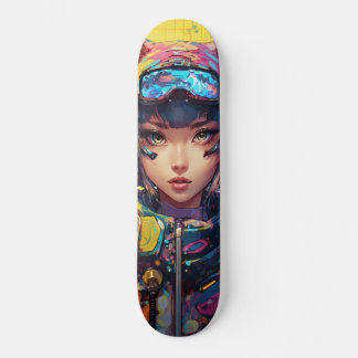 Abstracte stijl anime kunst van een kattenmeisje i persoonlijk skateboard