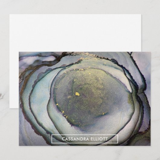 Abstracte Stoffige Blauwe & Gouden Alcoholinkt Vlo Bedankkaart (Voorkant / Achterkant)