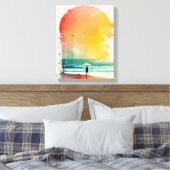 Abstracte strandkunst 'Lopen in de golven' Canvas Afdruk (Insitu (Slaapkamer))