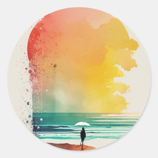 Abstracte strandkunst 'Lopen in de golven' Ronde Sticker (Voorkant)