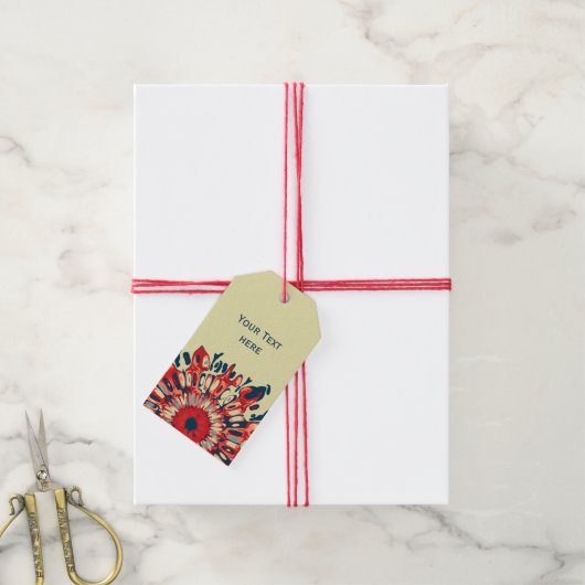 Abstracte SUN FLOWER - rood blauw + uw achtergrond Cadeaulabel (Met Touw)